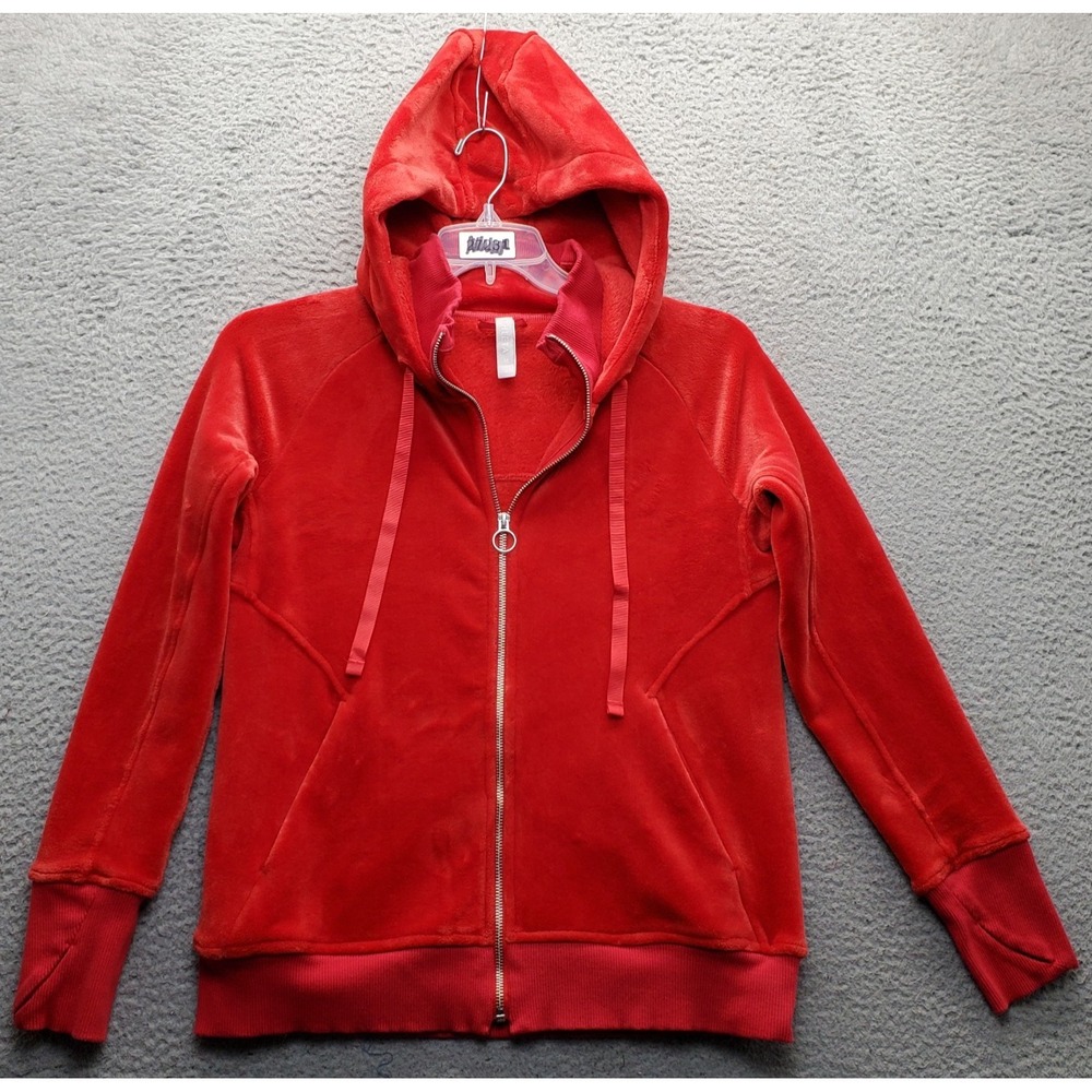 Athleta Velour Hoodie Womens Medium Red Fleece Ribbed Hem & Cuff Full Zip EUC